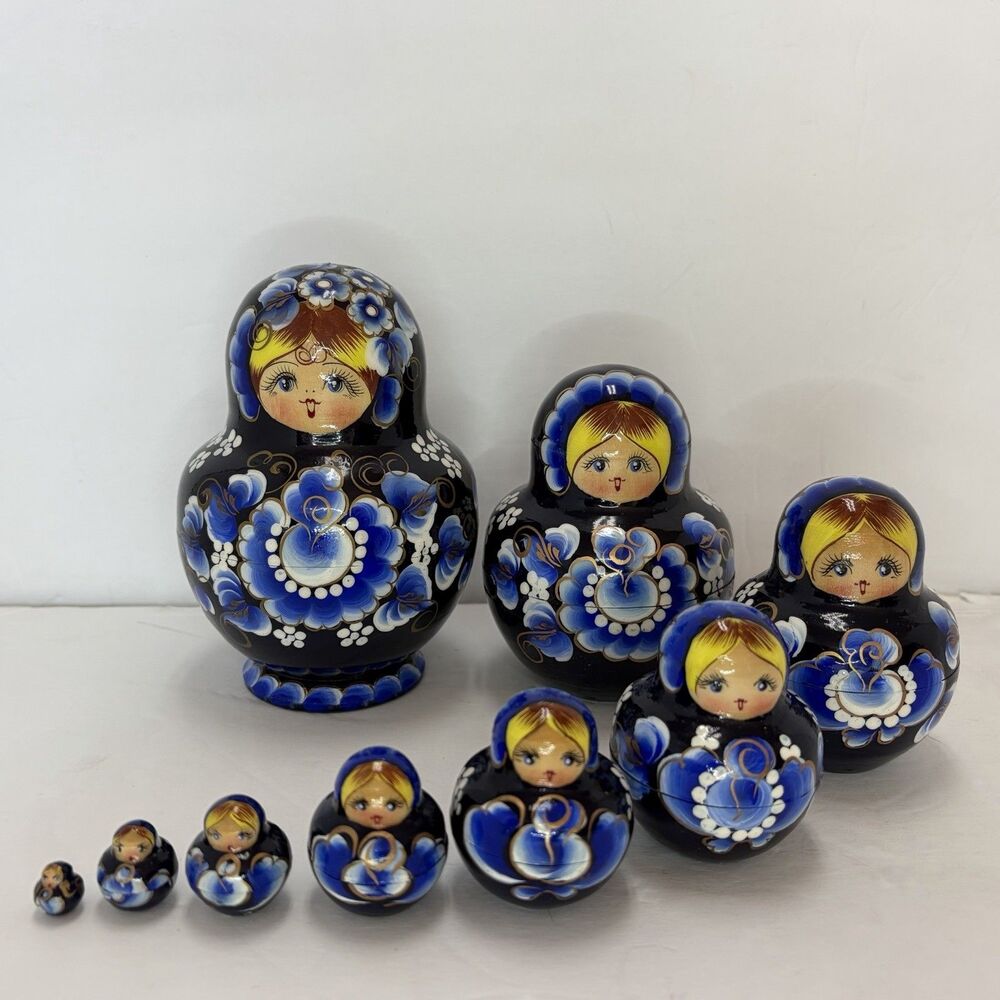 Russian Nesting Dolls Set Of 9 Cobalt Blue & White Painted Babushka Matryoshka